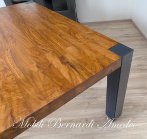 Modern table in solid olive wood and iron legs