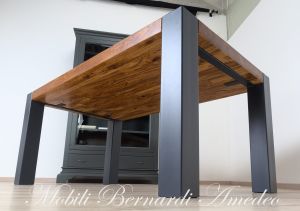Modern table in solid olive wood and iron legs
