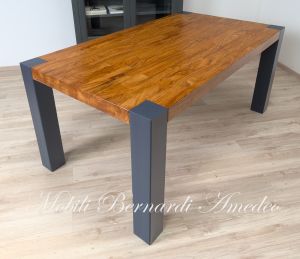 Modern table in solid olive wood and iron legs