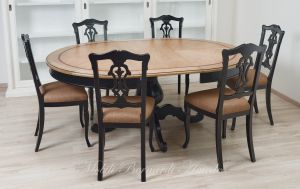 Tavolo rotondo allungabile in legno finitura nero e rovere chiaro con sedie classiche imbottite