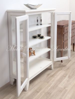 Vetrina in legno massello stile country con 2 ante a vetro laccata bianco anticato
