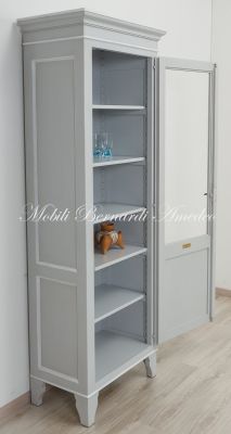 Vetrina libreria in legno massello laccata colore grigio e bianco