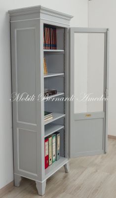 Vetrina libreria in legno massello laccata colore grigio e bianco