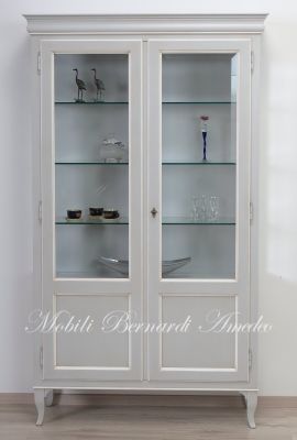 Classic style 2-door display cabinet with two-tone gray and white glass finish