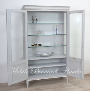 Classic style 2-door display cabinet with two-tone gray and white glass finish