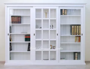 Wooden bookcase, white finish, sliding doors with glass