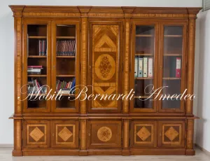 Large classic library bookcase in solid walnut wood with olive wood inlays