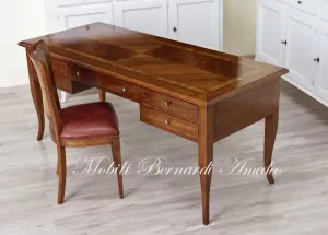 Desk with curved legs and 5 drawers handcrafted in walnut wood with olive inlays